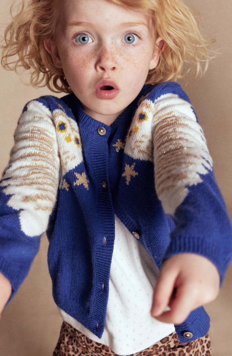 Mini Boden Kids' Owl Cardigan, Alternate, color, Sapphire Blue Owls