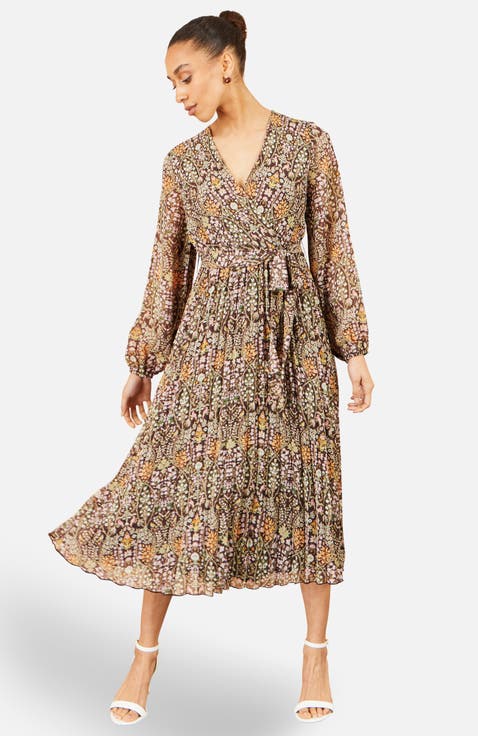 Pleated Wrap Midi Dress