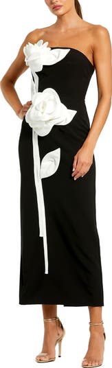 Strapless Crepe Ankle Dress With 3D Satin Flowers