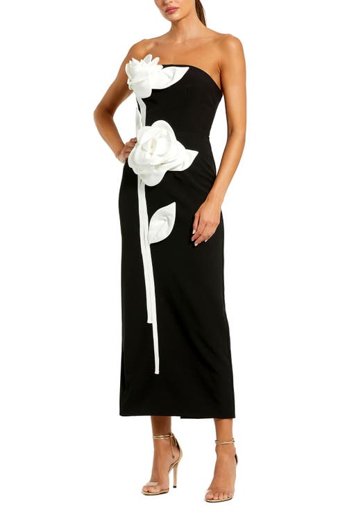 Mac Duggal Strapless Crepe Ankle Dress With 3d Satin Flowers In Black