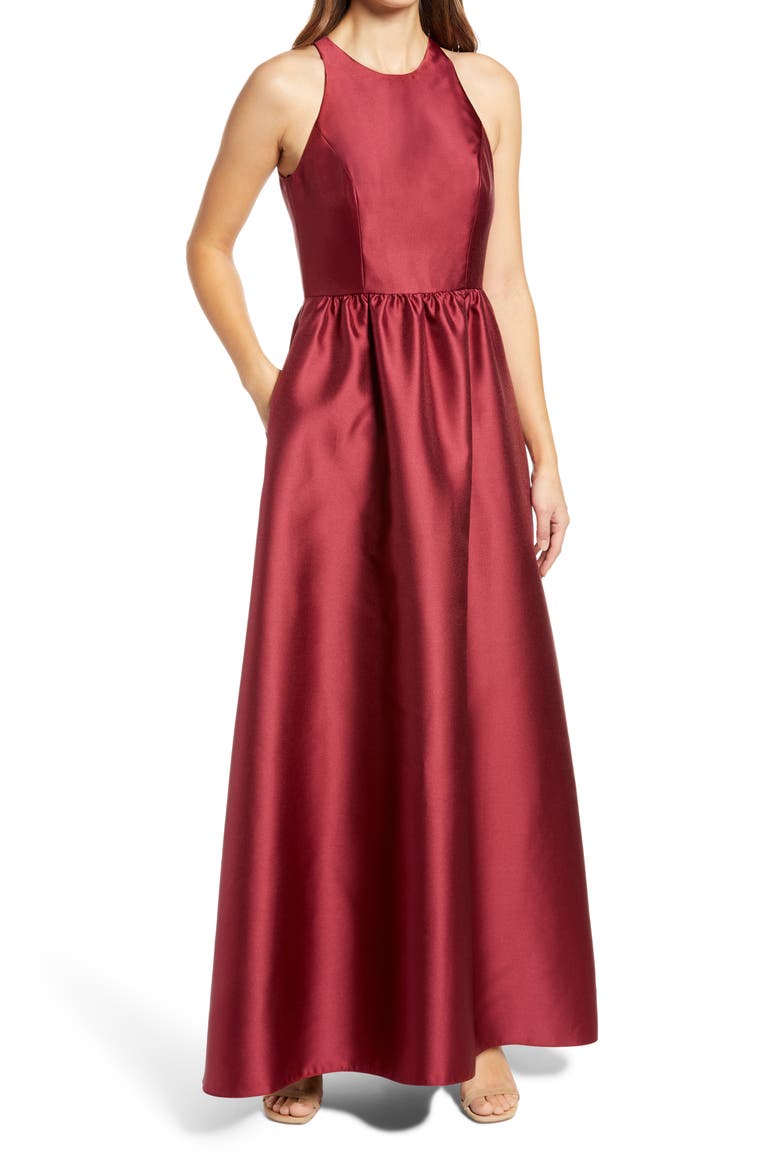 Satin A-Line Gown, Main, color, BURGUNDY