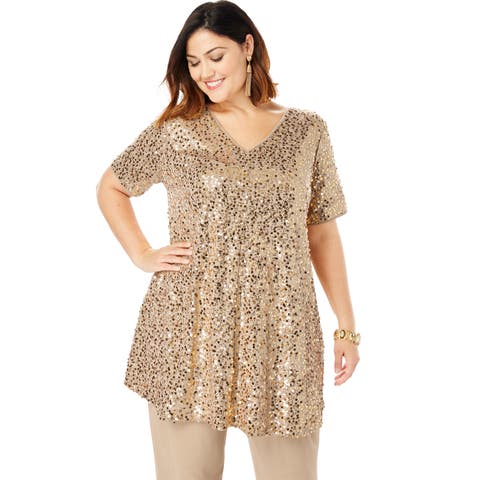 Plus Size 2 Piece S/S Sequin Top And Pant Set