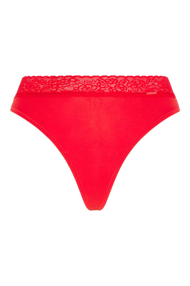 Essentials Lace Trim Stretch Cotton Thong, Alternate, color, TIMELESS RED