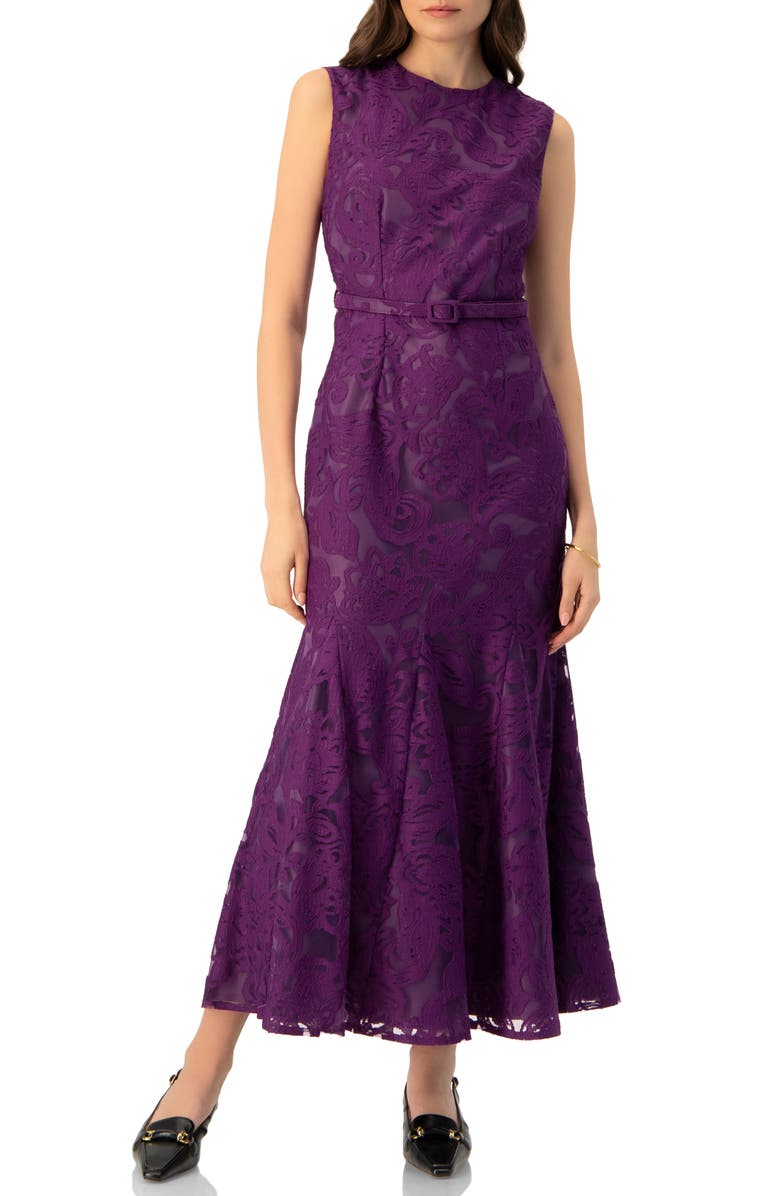 IVONNE Sleeveless Lace Long Dress with Belt, Main, color, Purple