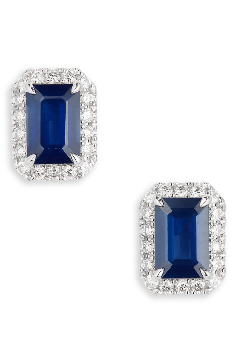VALANI ATELIER Sapphire & Diamond Halo Stud Earrings, Main, color, 14K White Gold