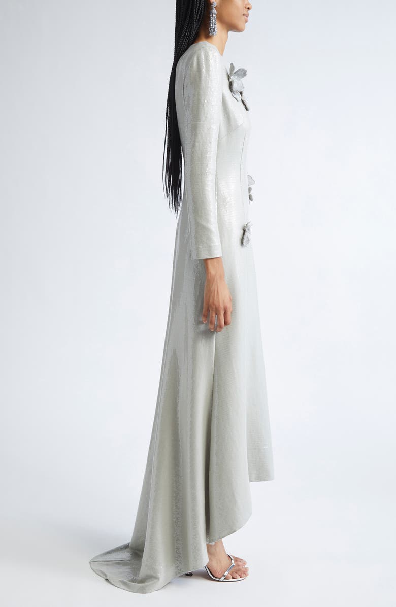 Oscar de la Renta Embroidered Cherry Blossom Long Sleeve Sequin Gown, Alternate, color, Pewter