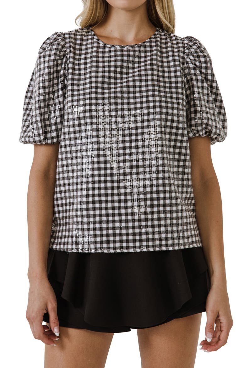 Sequin Gingham Top, Alternate, color, BLACK/ WHITE