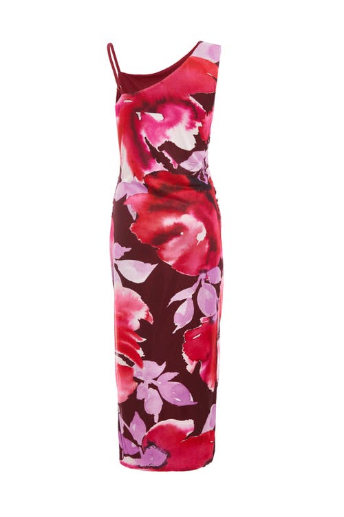 Quiz Floral Asymmetric Ruched Maxi Dress In Berry