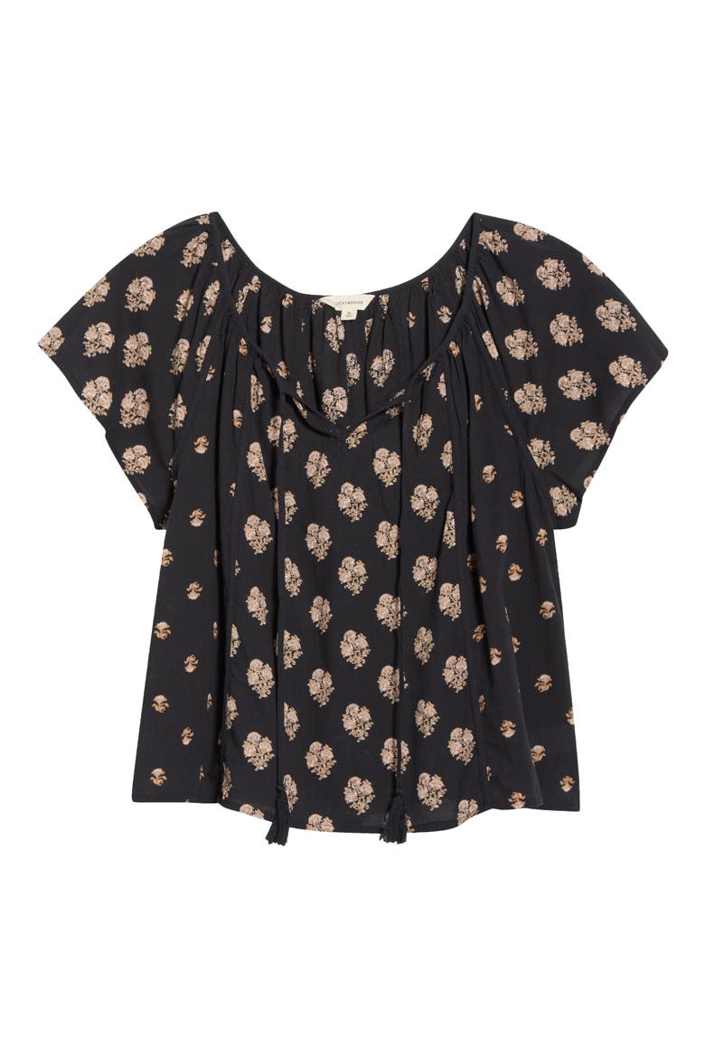 Floral Split Neck Cotton Top, Main, color, BLACK GEO FLORAL COMBO