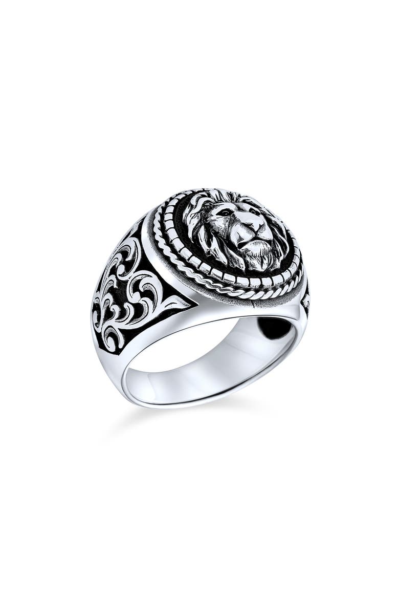 Men's Sterling Silver Lion Signet Ring, Main, color, SILVER
