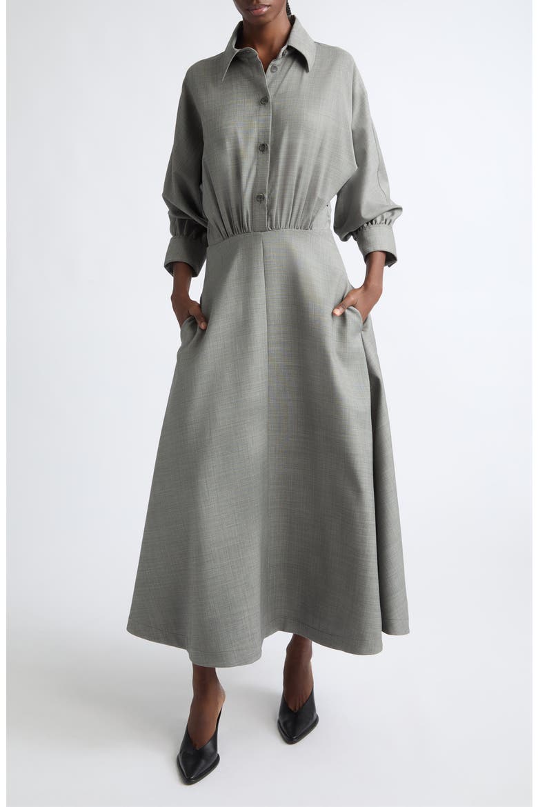 Eleanor Wool Stretch Twill Midi Shirtdress, Main, color, GREY MELANGE