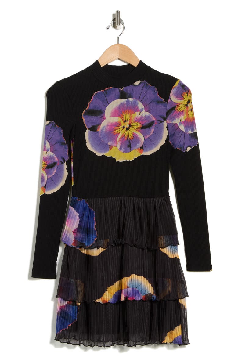 Mixed Media Long Sleeve Dress, Alternate, color, BLACK