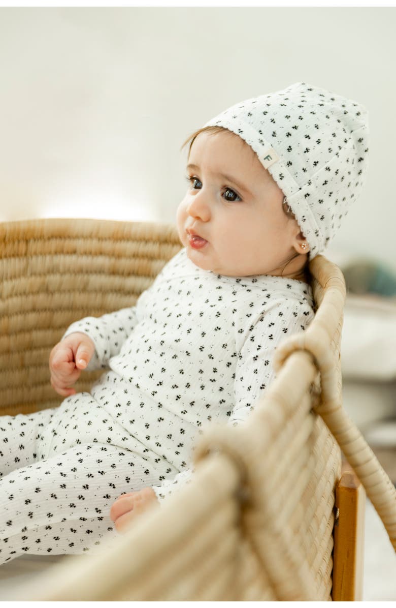 Fragile Crinkle Flower Print Romper with Hat Set, Alternate, color, White/Black