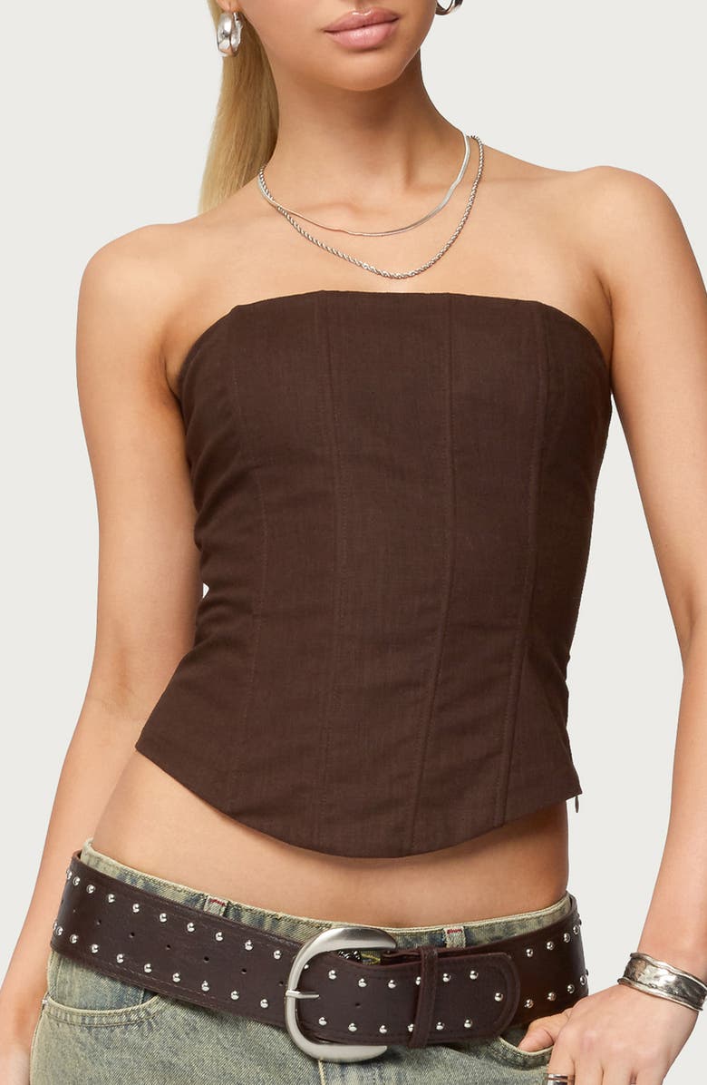 EDIKTED Hadar Strapless Cotton Corset Top, Main, color, Brown