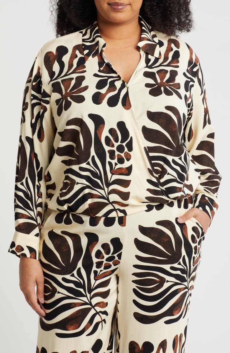 T Tahari Printed Faux Wrap Top, Main, color, Sienna/ Natural Print