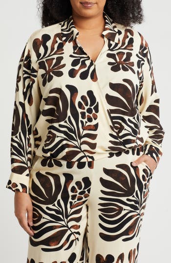 T Tahari Printed Faux Wrap Top In Sienna/natural Print