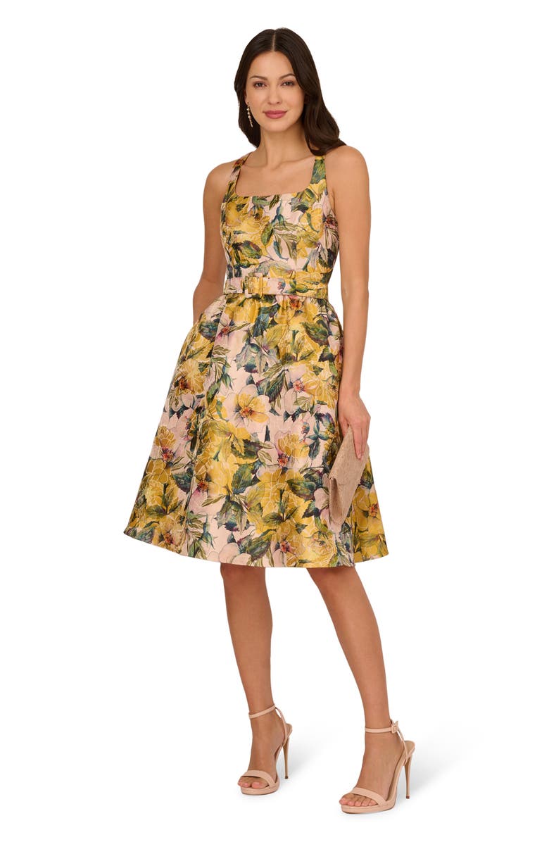 adrianna papell jacquard a-line dress Aidan Mattox Women's Floral Jacquard Belted One-Shoulder Gown - Blue Multi main image 1