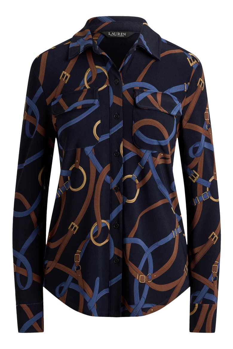 Classic Chain Print Stretch Jersey Knit Button-Up Shirt, Alternate, color, NAVY BLUE/ MULTI