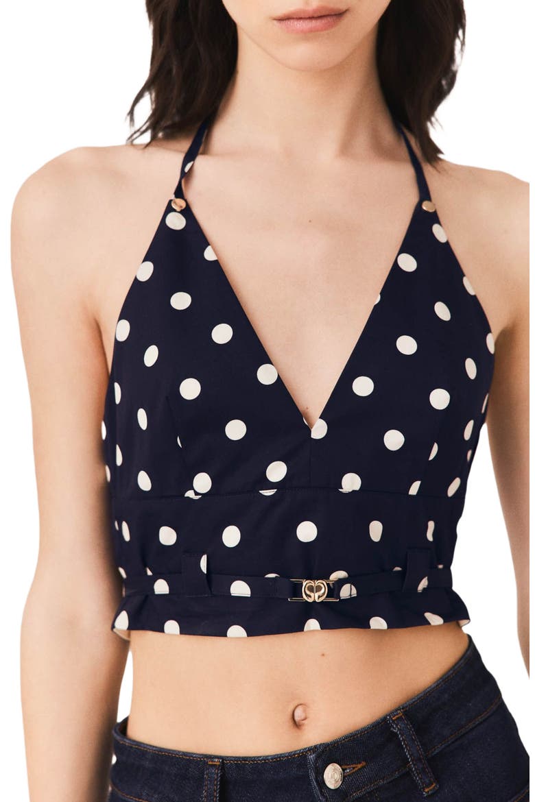 Backless linen blend top, Alternate, color, Navy dots print