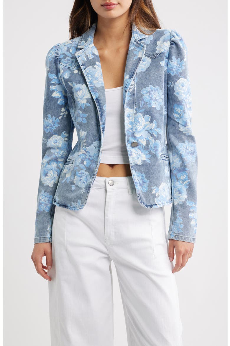 Floral Puff Sleeve Denim Jacket, Main, color, INDIGO