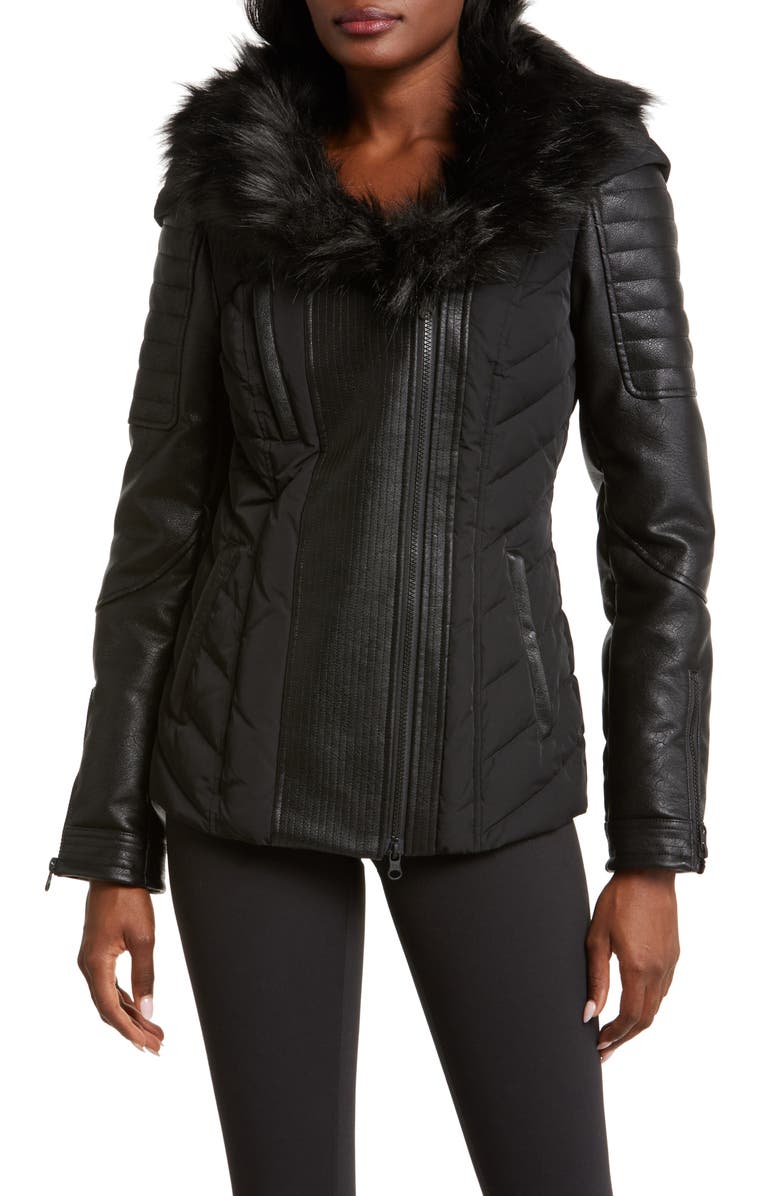 Blanc Noir Sophia Hooded Mixed Media Faux Leather Quilted Jacket with Removable Faux Fur Trim, Alternate, color, 