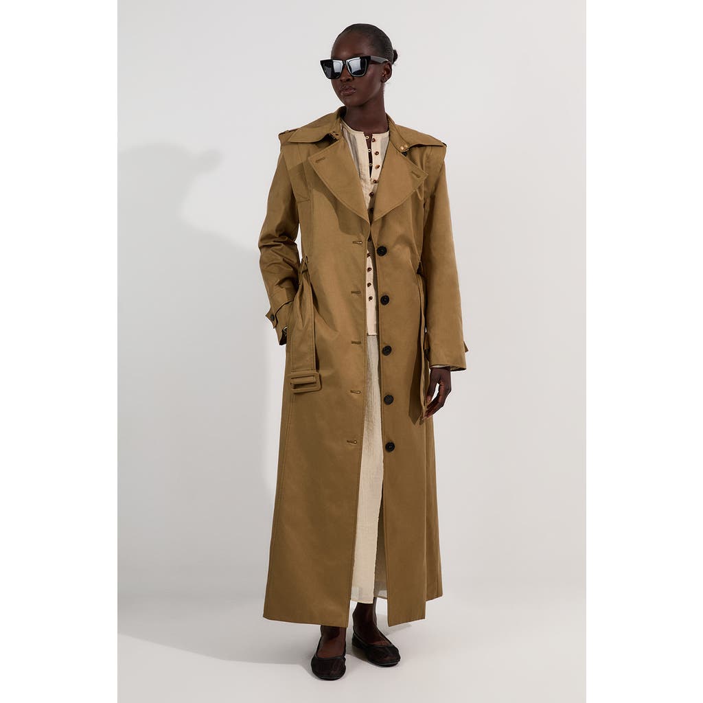 Karen Millen Strong Shoulder Belted Maxi Trench Coat In Green
