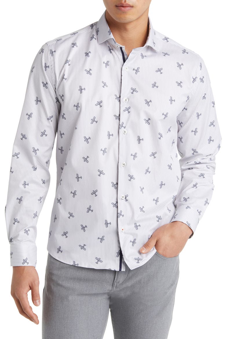 DRY TOUCH® Stripe Plane Print Performance Sateen Button-Up Shirt, Main, color, GREY