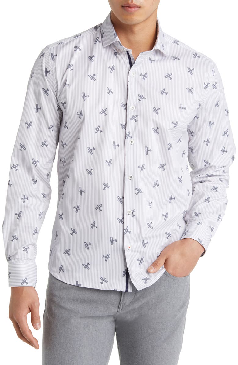 Stone Rose DRY TOUCH<sup>®</sup> Stripe Plane Print Performance Sateen Button-Up Shirt, Main, color, Grey