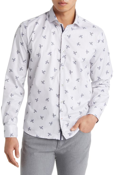 DRY TOUCH® Stripe Plane Print Performance Sateen Button-Up Shirt