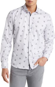 Stone Rose DRY TOUCH® Stripe Plane Print Performance Sateen Button-Up Shirt