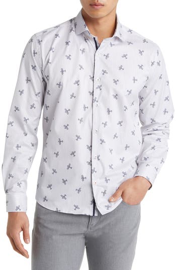 Stone Rose Dry Touch® Stripe Plane Print Performance Sateen Button-up Shirt In Grey