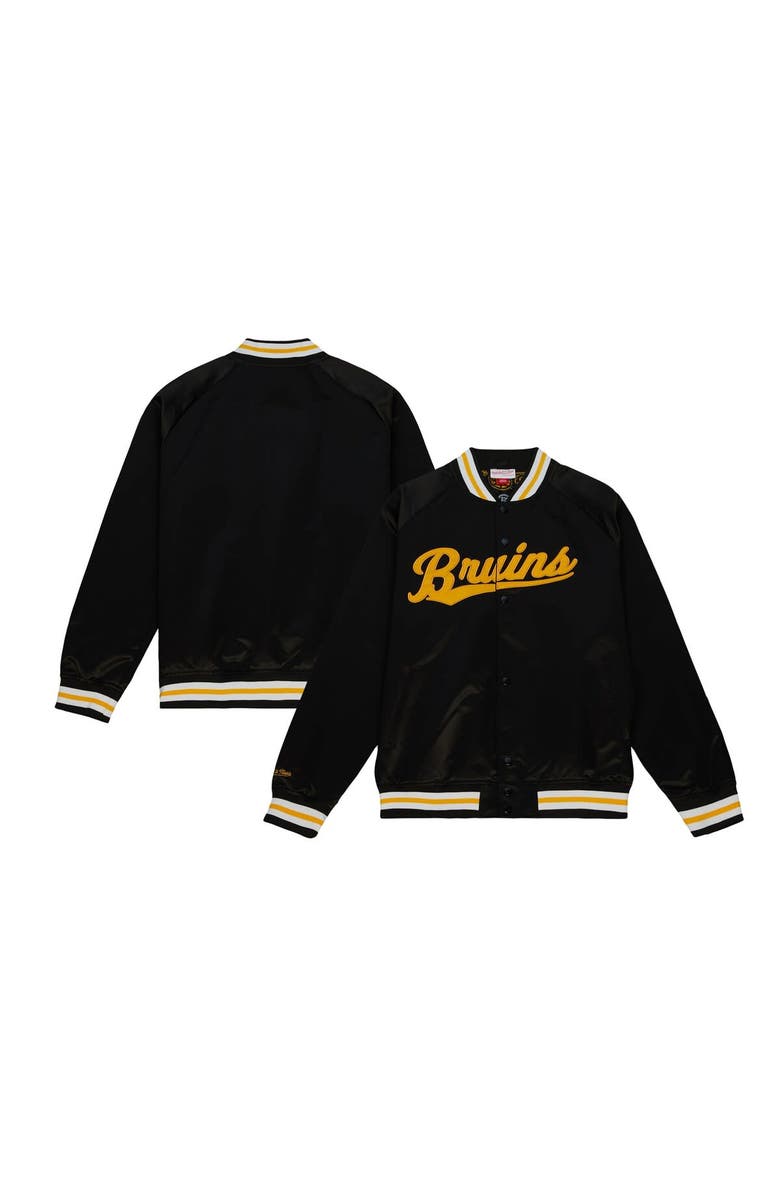 Mitchell & Ness Men's Mitchell & Ness Black Boston Bruins 100th Anniversary Satin Raglan Full-Snap Jacket, Alternate, color,