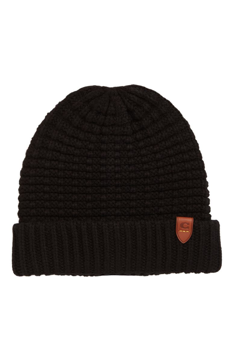 COACH Leather Patch Knit Beanie, Main, color, 
