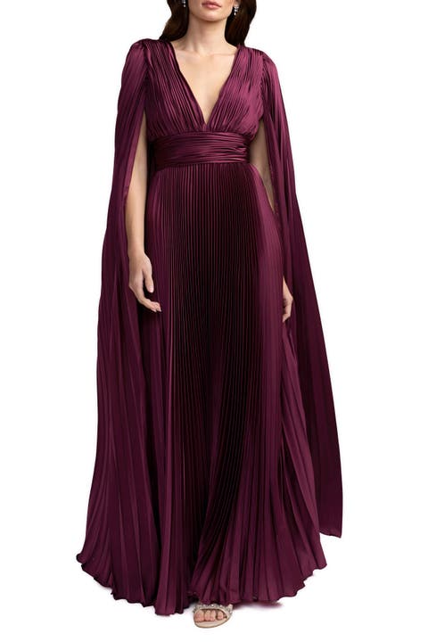 Pleated Charmeuse V-Neck Gown with Cape Sleeves