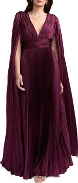 Mac Duggal Pleated Charmeuse V-Neck Gown with Cape Sleeves