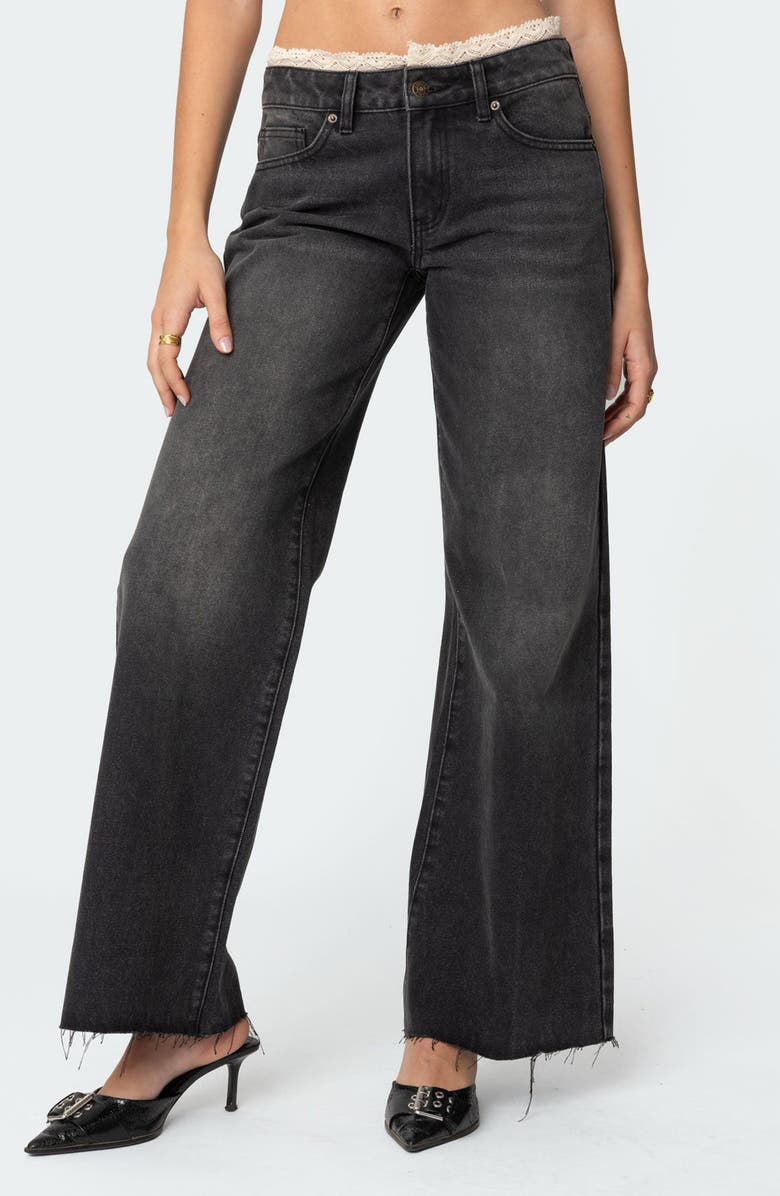 EDIKTED Karlie Lace Trim Low Rise Wide Leg Jeans, Main, color, Black-Washed