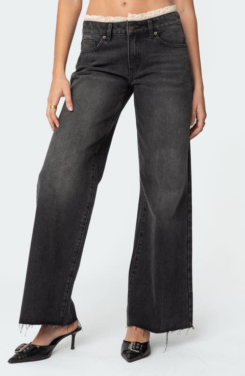 Karlie Lace Trim Low Rise Wide Leg Jeans