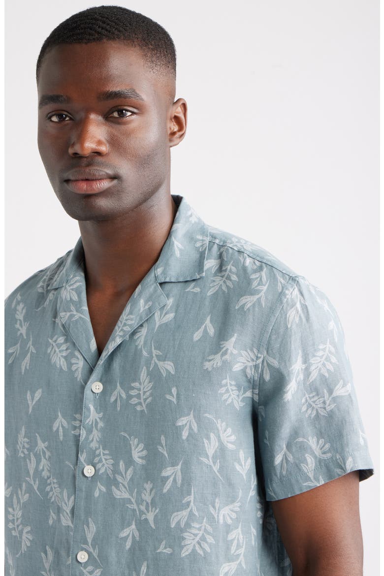 Botanical Print Linen Camp Shirt, Alternate, color, BLUE SPRUCE STAMPED LEAVES