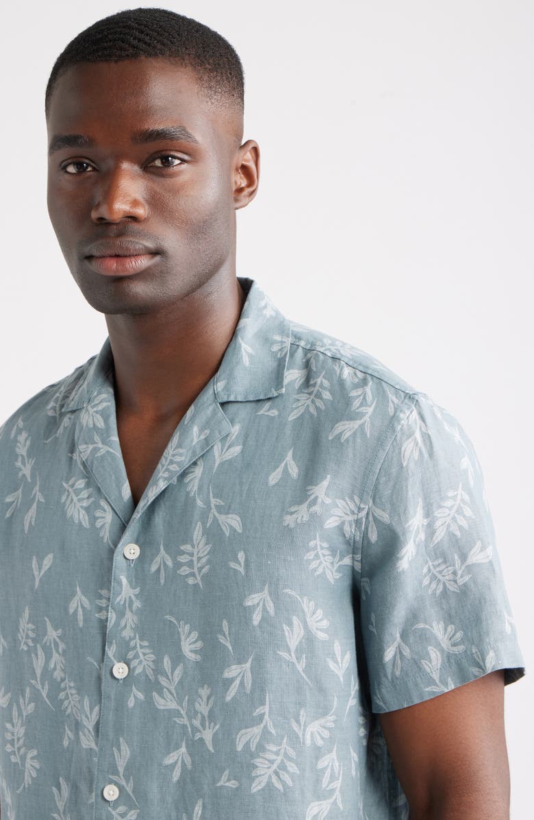 Nordstrom Bontanical Print Linen Camp Shirt, Alternate, color, Blue Spruce Stamped Leaves