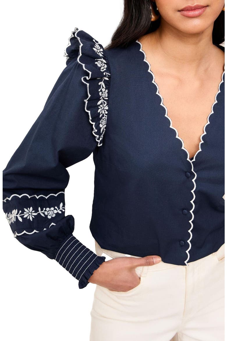 Ruffle Embroidered Scallop Trim Top, Alternate, color, BLUE