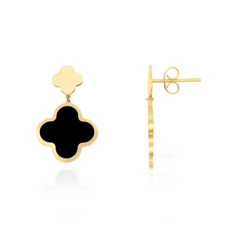 Onyx and Gold Clover Drop Earrings