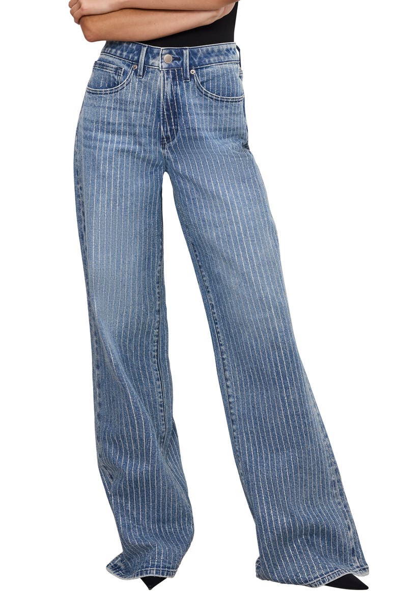 Good American Good Ease Rhinestone Embellished Wide Leg Jeans, Main, color,
