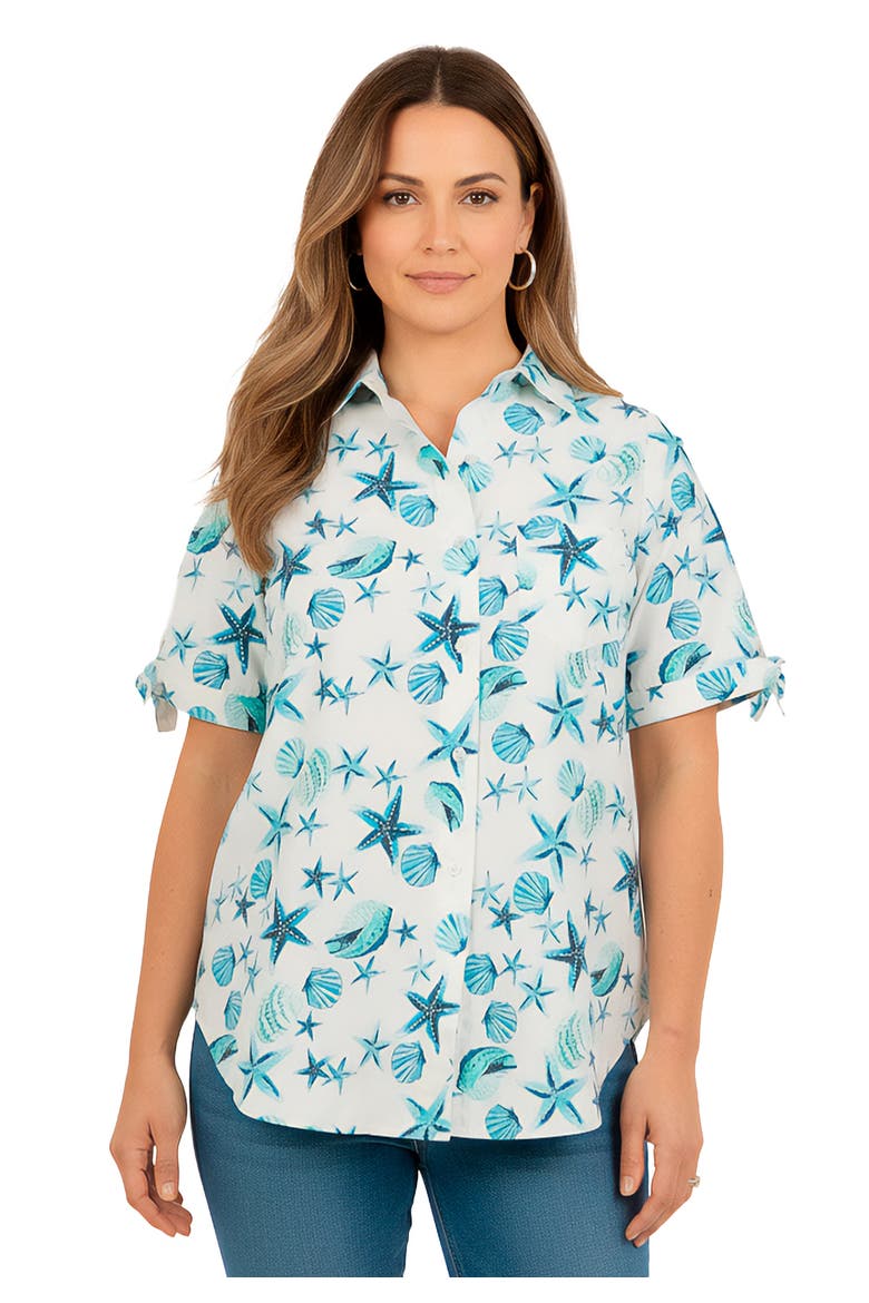 Tie Sleeve Button Down Shirt, Main, color, DEEP TURQUOISE SEASHELLS