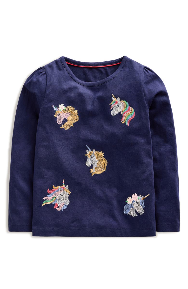 Mini Boden Kids' Unicorn Embroidered Long Sleeve Cotton Graphic T-Shirt, Main, color, 