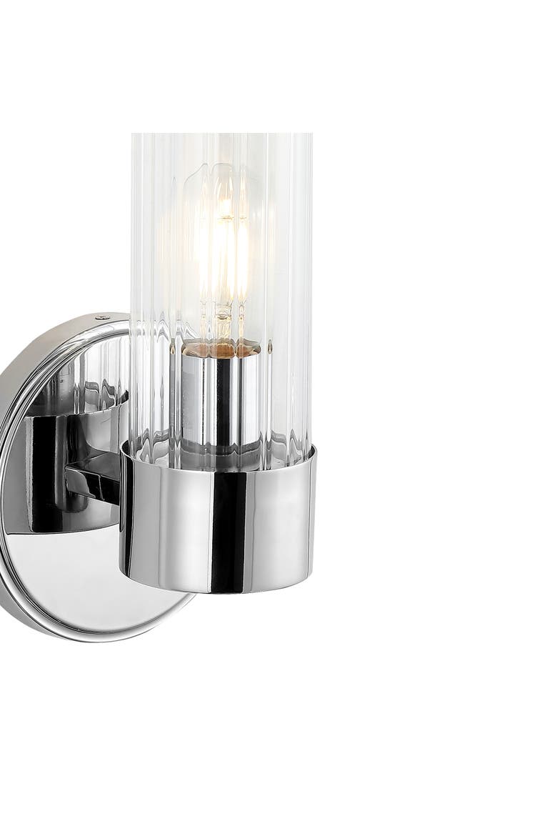 Cecil 1-Light Tall Cylinder Iron/Striped Glass Modern Mid-Century LED Vanity, Alternate, color, Chrome with clear shade