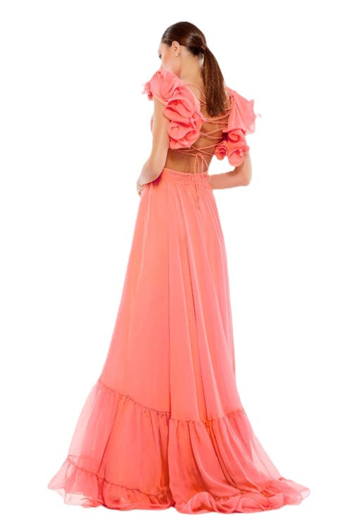 Mac Duggal Sleeveless Ruffle Tiered Cut-out Chiffon Gown In Pink