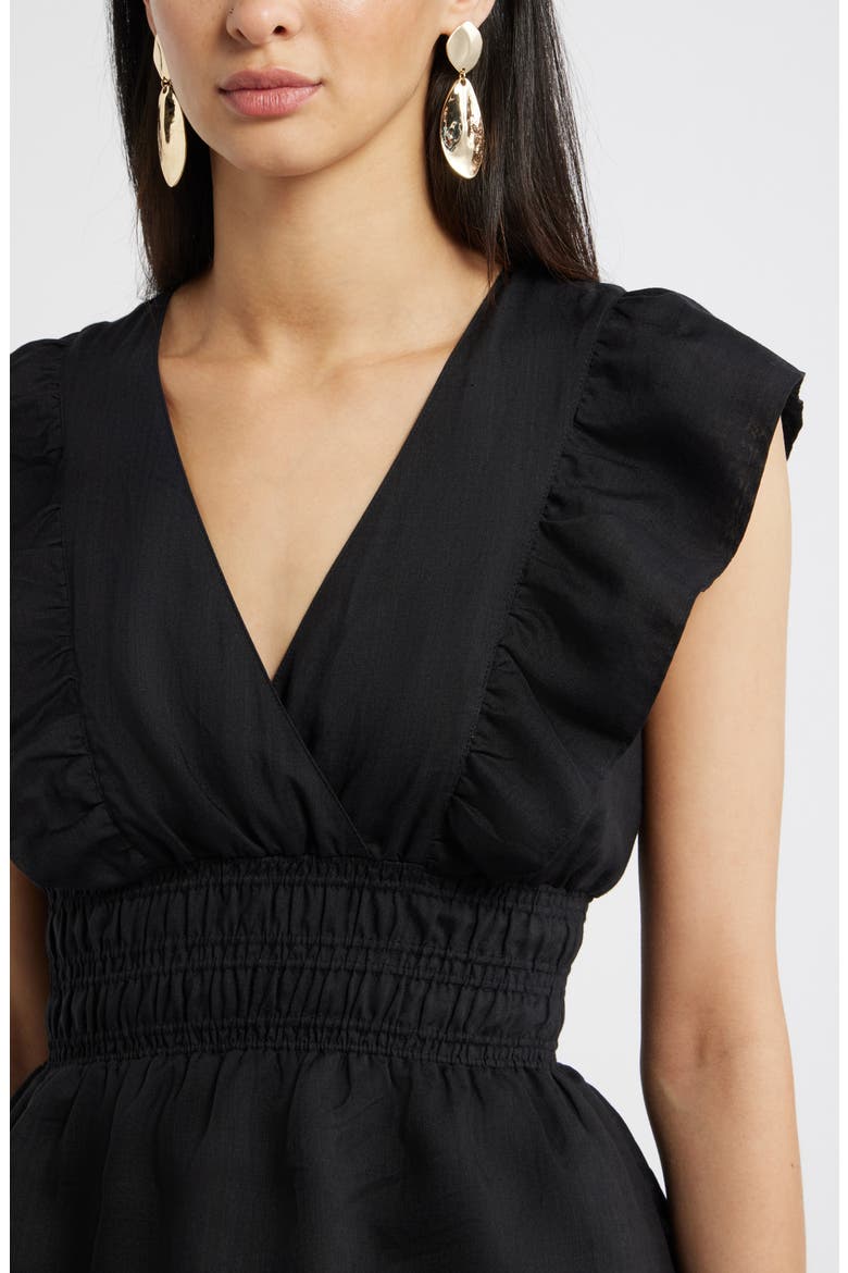 Smocked Waist Flutter Sleeve Peplum Top, Alternate, color, BLACK