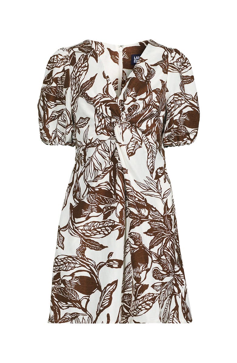 Lands' End Linen Above the Knee Puff Sleeve Dress, Alternate, color, Vanilla/Bark Etched Leaves