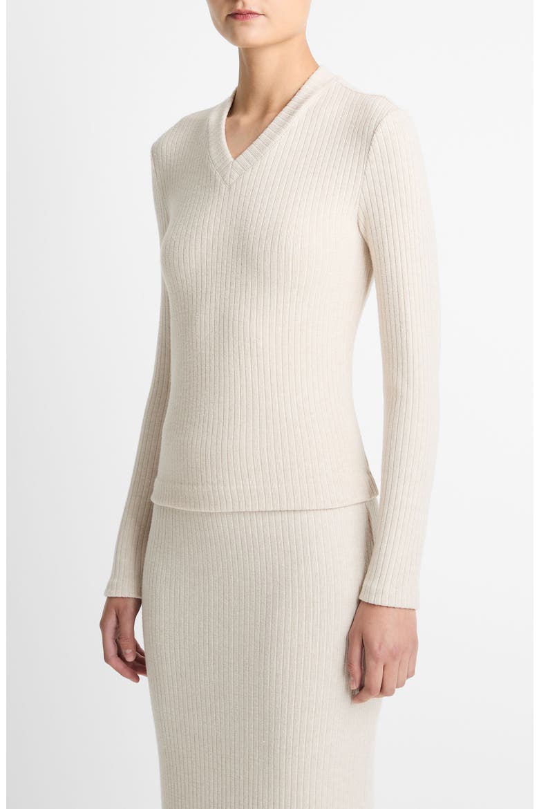 Cozy Rib High V-Neck Top, Alternate, color, HEATHER CREAM OAT