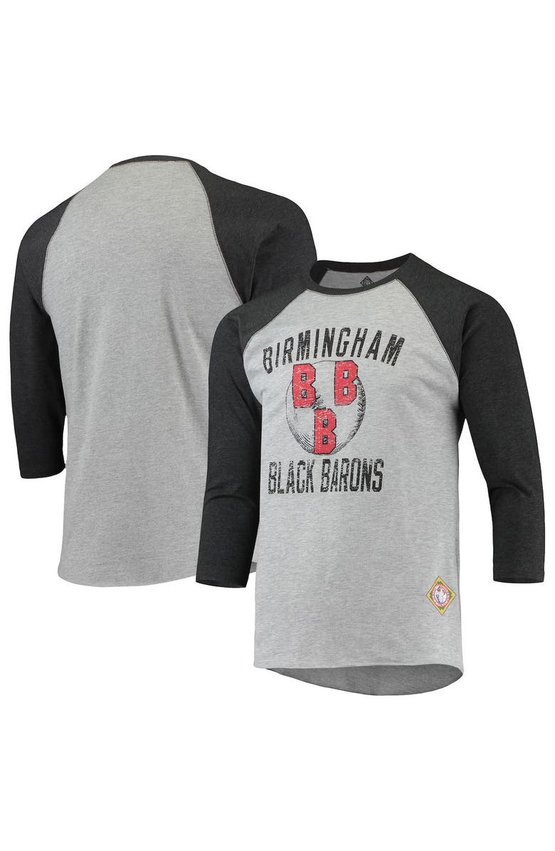 STITCHES Men's Stitches Heathered Gray/Black Birmingham Black Barons Negro League Wordmark Raglan 3/4-Sleeve T-Shirt, Main, color, Heather Gray
